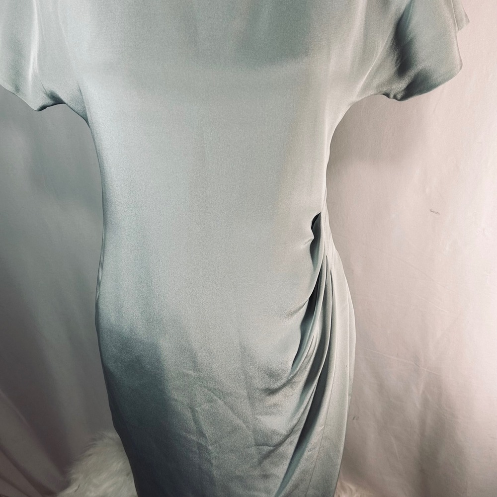 Linda Allard Ellen Tracy Silk Sheath Dress Sage Green Side Drape Size 2 - Picture 3 of 9